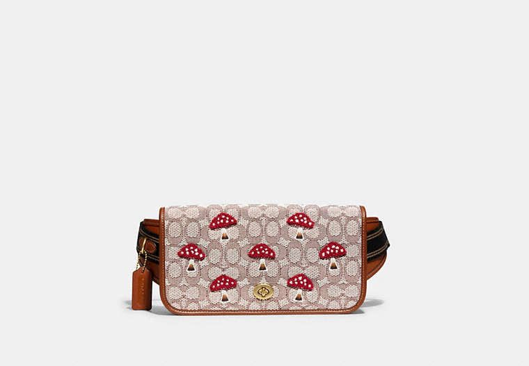COACH®,DINKY BELT BAG IN SIGNATURE TEXTILE JACQUARD WITH MUSHROOM MOTIF EMBROIDERY,Jacquard/Smooth Leather,Small,OL/Cocoa,Front View