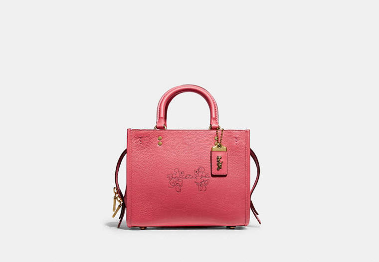 COACH®,DISNEY X COACH ROGUE BAG 25 WITH MICKEY MOUSE AND MINNIE MOUSE,Pebble Leather/Smooth Leather,Medium,Brass/WATERMELON,Front View