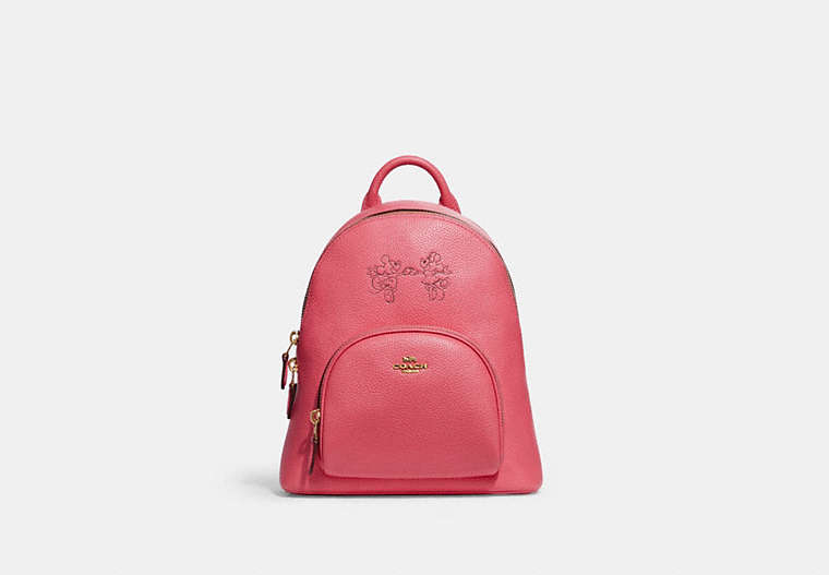 COACH®,DISNEY X COACH CARRIE BACKPACK 23 WITH MICKEY MOUSE AND MINNIE MOUSE,Pebble Leather,Medium,Brass/WATERMELON,Front View