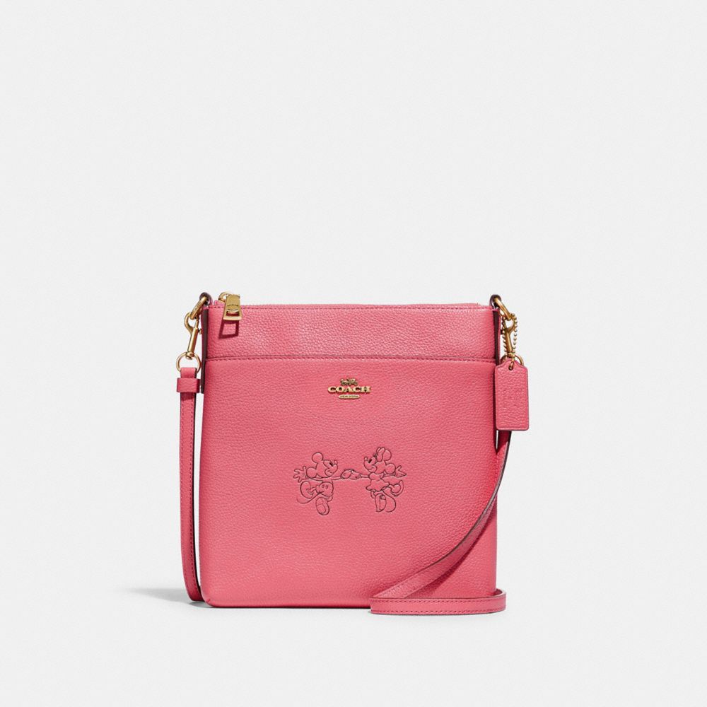 COACH®,DISNEY X COACH KITT MESSENGER CROSSBODY BAG WITH MICKEY MOUSE AND MINNIE MOUSE,Refined Pebble Leather,Small,Brass/WATERMELON,Front View