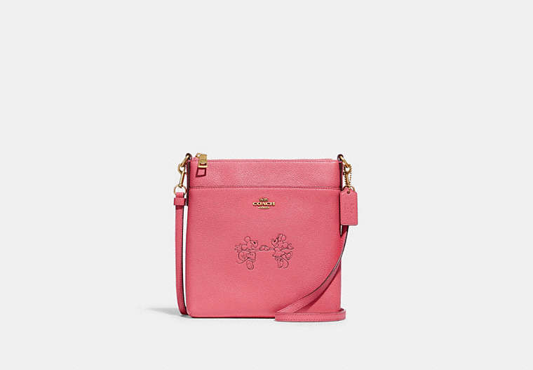 COACH®,DISNEY X COACH KITT MESSENGER CROSSBODY BAG WITH MICKEY MOUSE AND MINNIE MOUSE,Pebble Leather,Small,Brass/WATERMELON,Front View