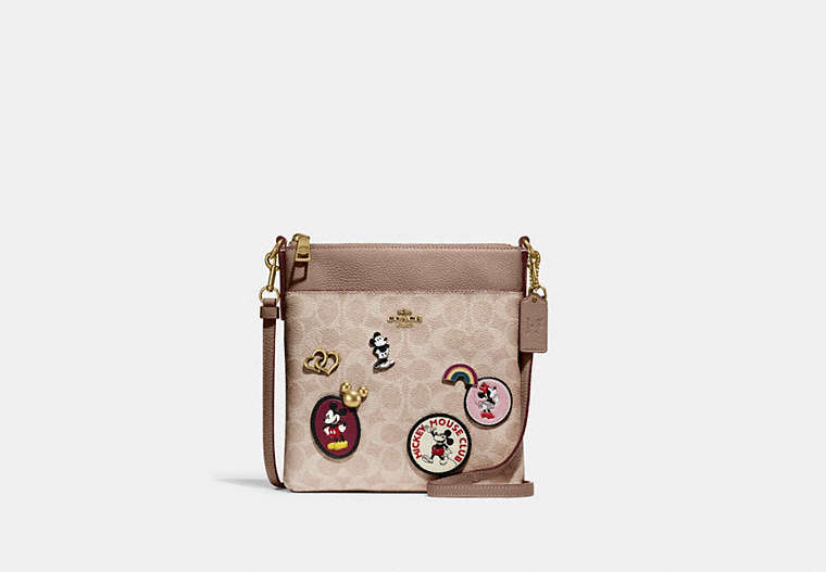 COACH®,DISNEY X COACH KITT MESSENGER CROSSBODY BAG IN SIGNATURE CANVAS WITH PATCHES,Signature Coated Canvas/Pebb...,Brass/Sand Taupe,Front View