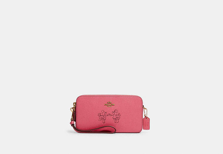COACH®,DISNEY X COACH KIRA CROSSBODY WITH MICKEY MOUSE AND MINNIE MOUSE,Pebble Leather,Mini,Brass/WATERMELON,Front View
