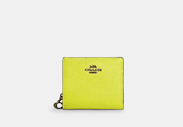 COACH®,SNAP WALLET IN COLORBLOCK,Gunmetal/Glo Lime,Front View