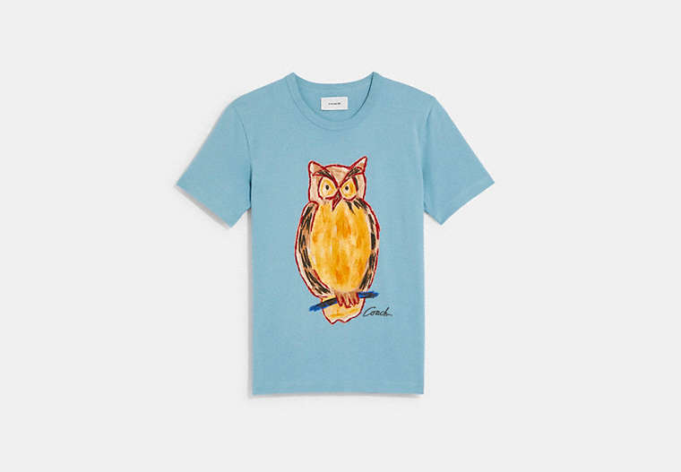 COACH®,PAINTED OWL T-SHIRT IN ORGANIC COTTON,PALE BLUE,Front View