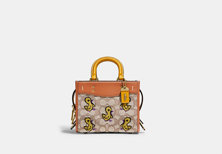 COACH®,ROGUE 17 IN SIGNATURE TEXTILE JACQUARD WITH DUCK MOTIF,Medium,Brass/Cocoa Burnished Amb,Front View