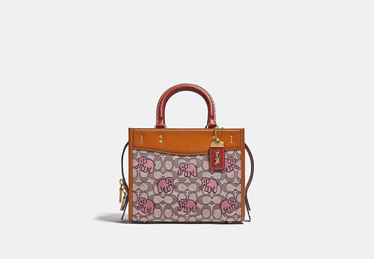 COACH®,ROGUE BAG 25 IN SIGNATURE TEXTILE JACQUARD WITH EMBROIDERED ELEPHANT,Jacquard/Smooth Leather,Medium,Brass/Cocoa Burnished Amb,Front View image number 0