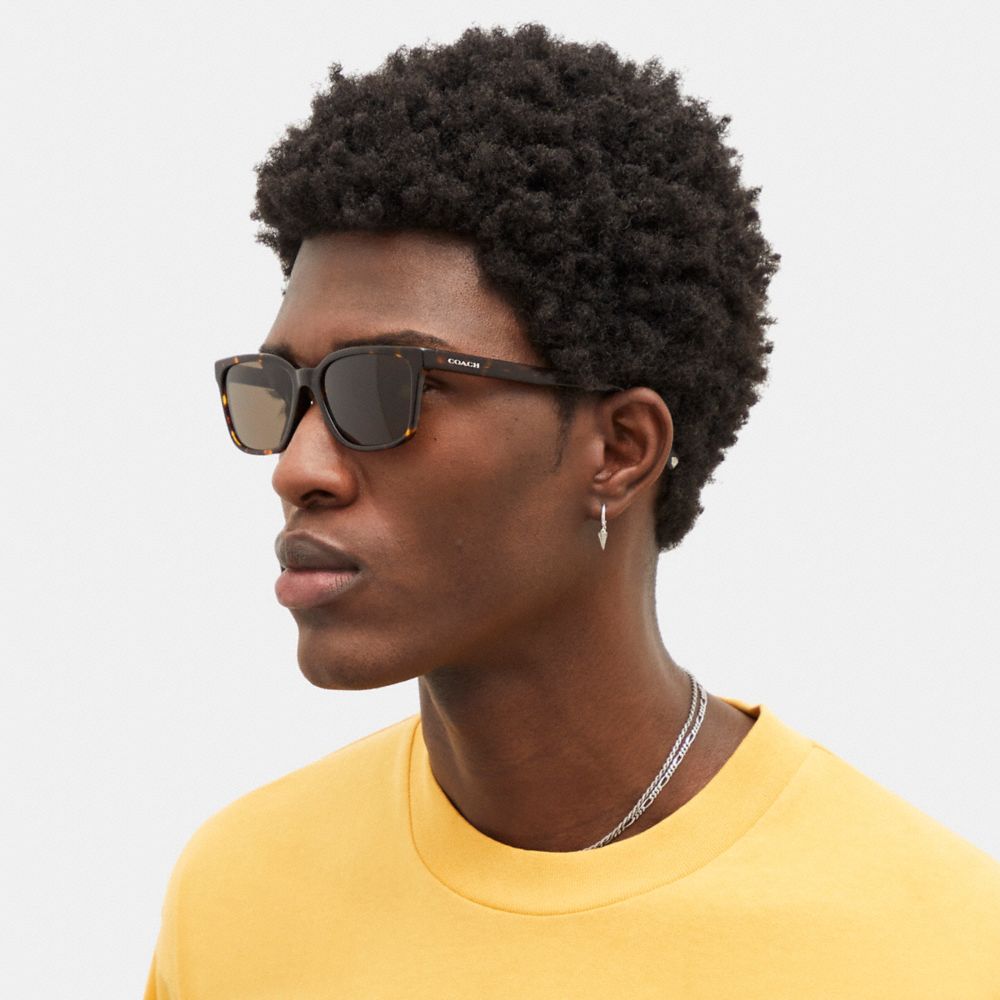 COACH®,Signature Workmark Square Sunglasses,Square,Tortoise,Logo,Metal,Integrated Nose Pads,Casual,Black,Angle View