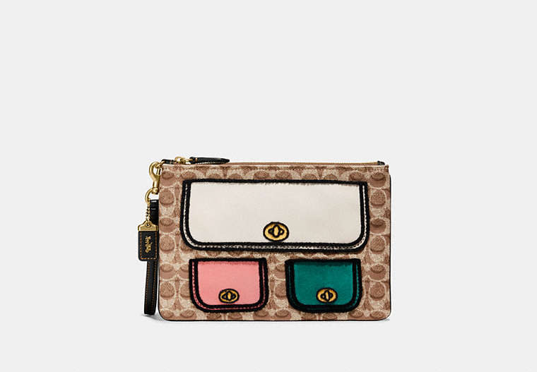 COACH®,TURNLOCK POUCH 26 IN RECYCLED SIGNATURE CANVAS WITH TROMPE L'OEIL PRINT,Mini,Brass/Tan Natural Multi,Front View
