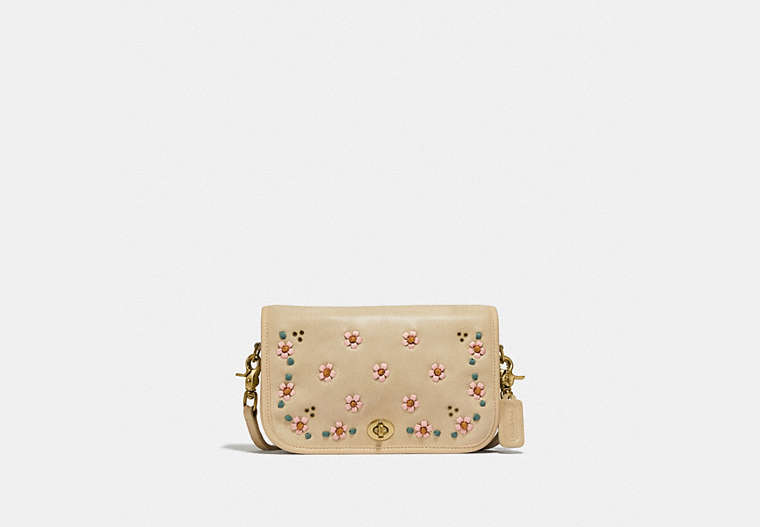 COACH®,VINTAGE POCKET PURSE WITH FLORAL EMBROIDERY,Smooth Leather,Small,Brass/BEIGE,Front View