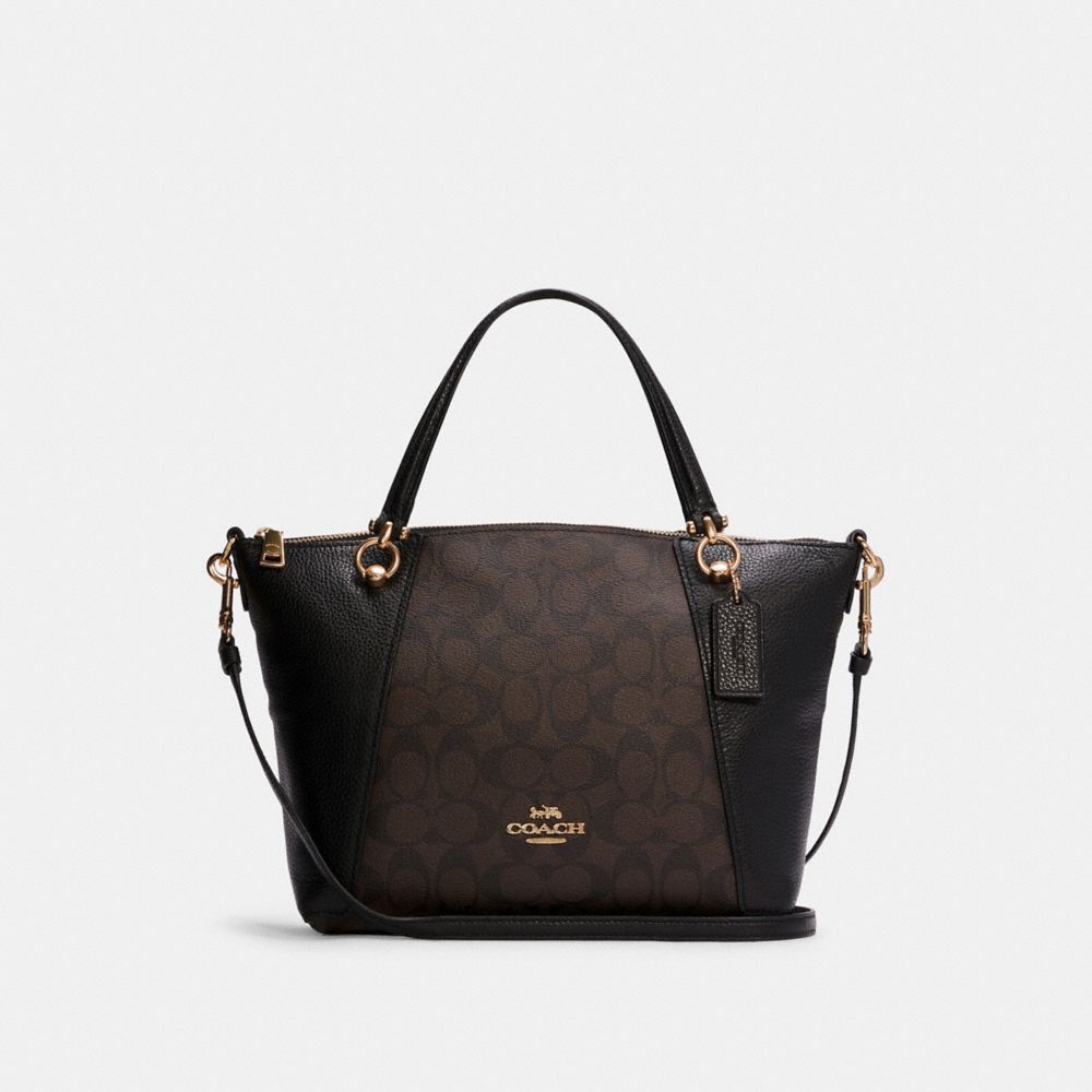 COACH®,KACEY SATCHEL BAG IN SIGNATURE CANVAS,Signature Canvas,Large,Everyday,Gold/Brown Black,Front View image number 0