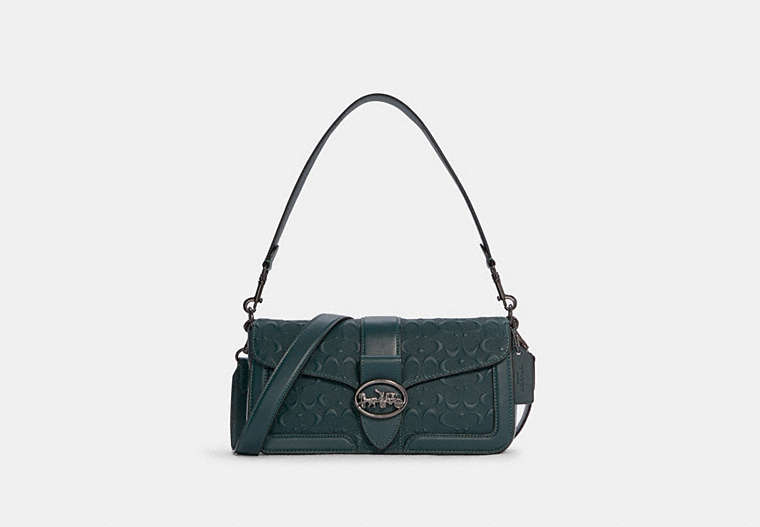 COACH®,GEORGIE SHOULDER BAG IN SIGNATURE LEATHER,Small,Gunmetal/Forest,Front View