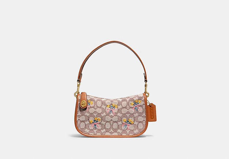COACH®,SWINGER BAG IN SIGNATURE TEXTILE JACQUARD WITH BOUQUET MOTIF EMBROIDERY,Jacquard/Smooth Leather,Medium,Brass/Cocoa Burnished Amb,Front View