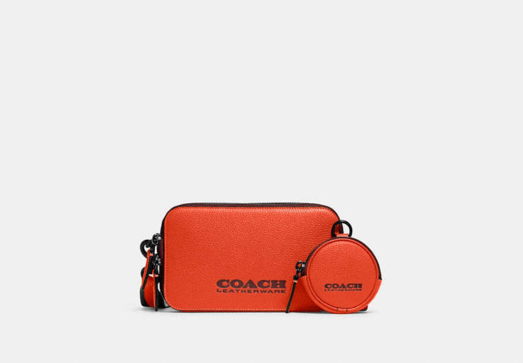 COACH®,CHARTER SLIM CROSSBODY,Polished Pebble Leather,Mini,Red Orange/Wine,Front View