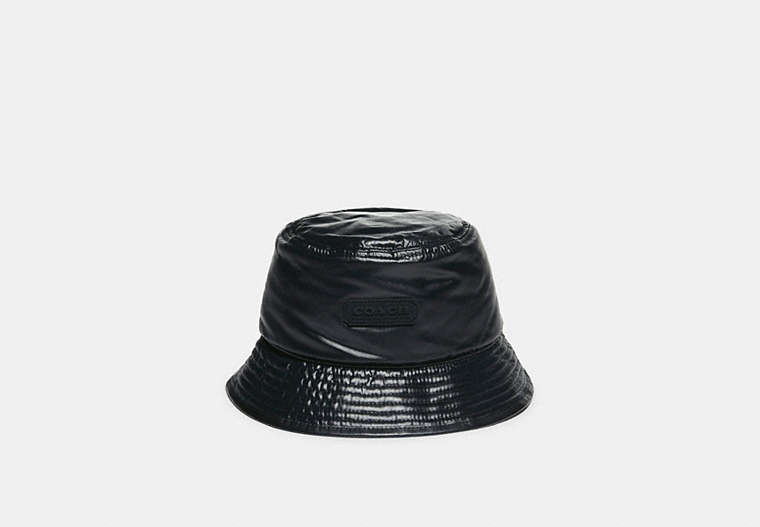 COACH®,REVERSIBLE SIGNATURE NYLON JACQUARD BUCKET HAT,Black,Front View