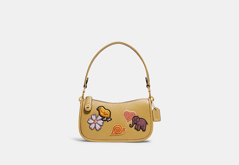 COACH®,SWINGER 20 WITH CREATURE PATCHES,Jacquard/Smooth Leather,Small,Brass/Light Tan Multi,Front View