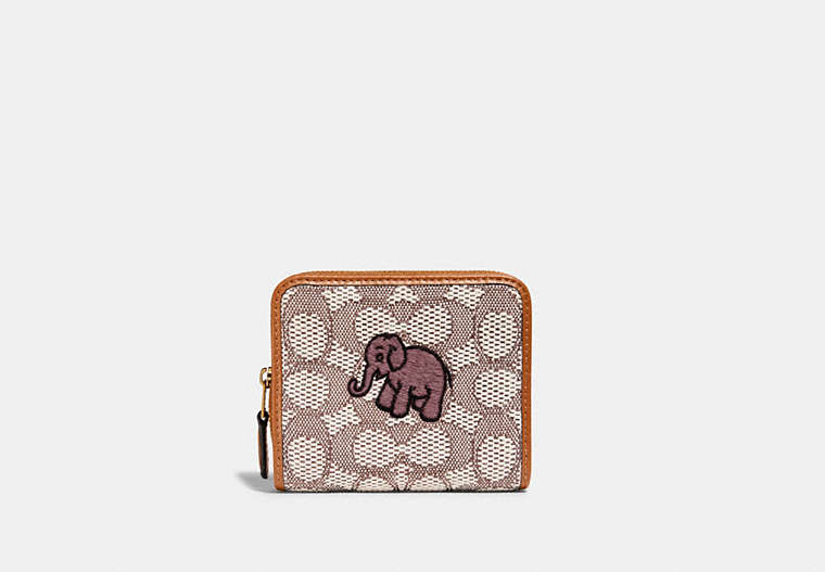 COACH®,BILLFOLD WALLET IN SIGNATURE TEXTILE JACQUARD WITH ELEPHANT MOTIF EMBROIDERY,Mini,Brass/Cocoa Burnished Amb,Front View