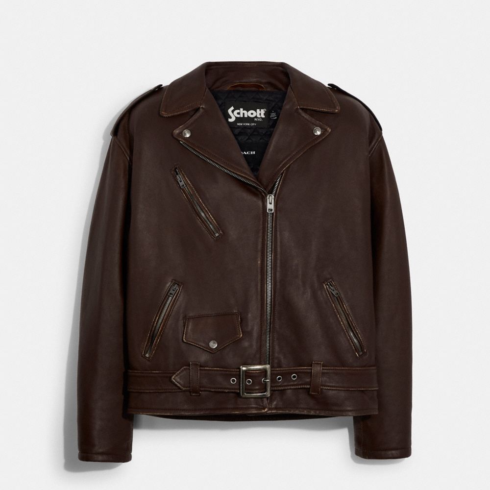 COACH®,COACH X SCHOTT N.Y.C. LEATHER MOTO JACKET,Smooth Leather,Brown,Front View