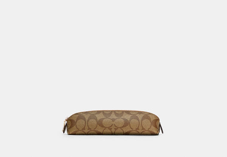 COACH®,PENCIL CASE IN SIGNATURE CANVAS,Leather,Gold/KHAKI,Front View