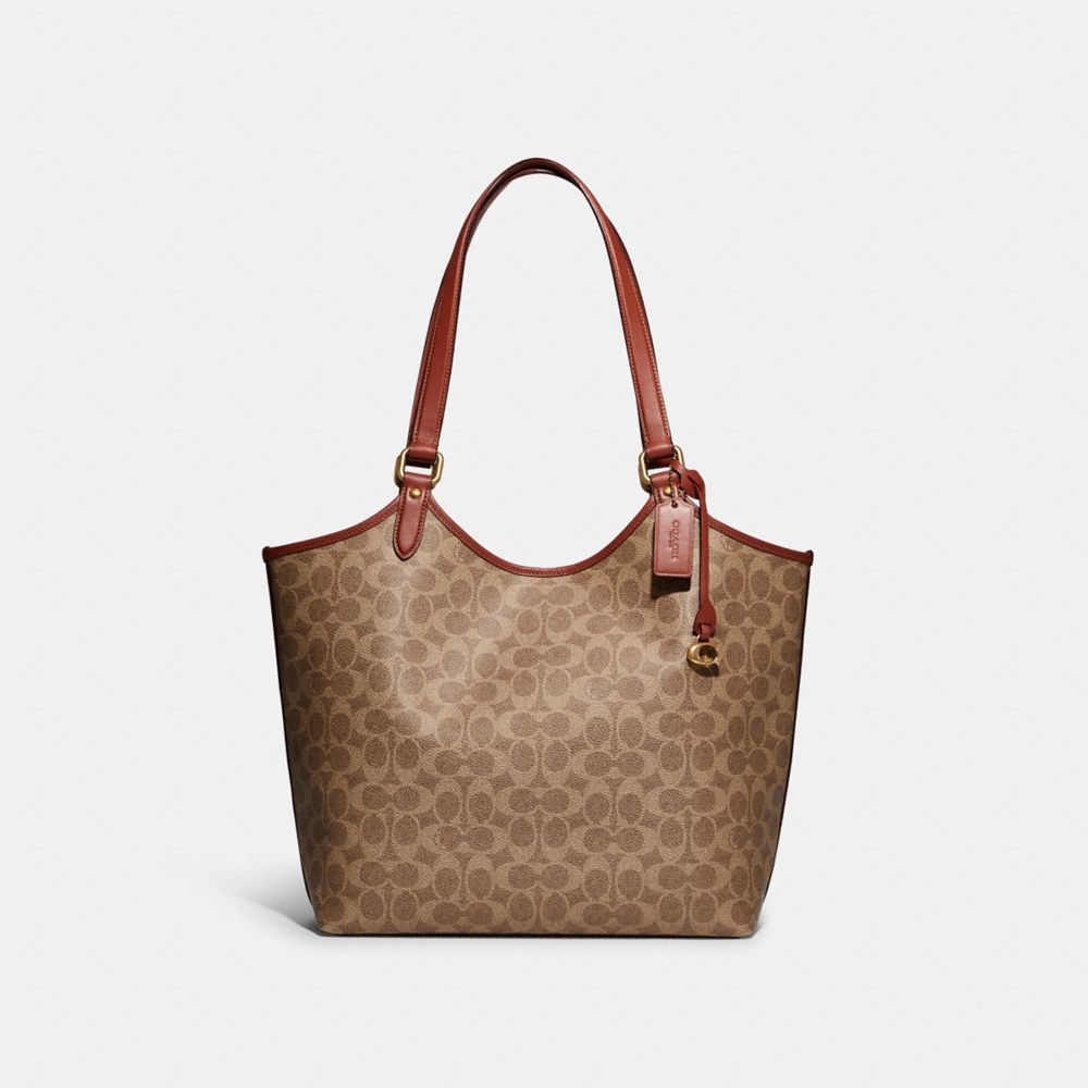 COACH®,DAY TOTE BAG IN SIGNATURE CANVAS,Signature Coated Canvas/Smooth Leather,Large,Brass/Tan/Rust,Front View