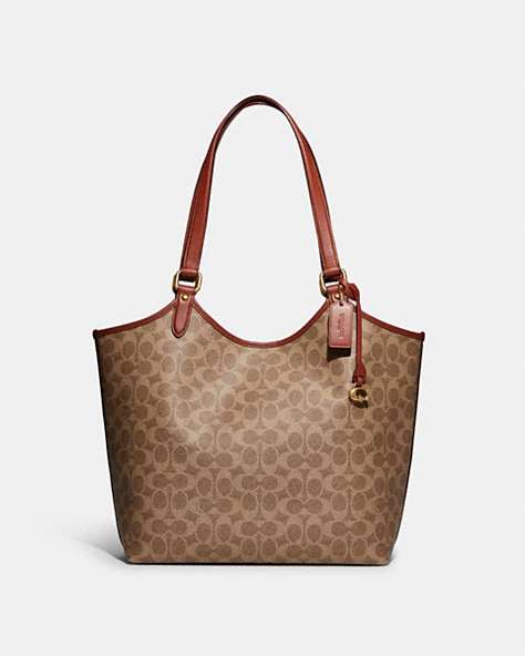 COACH®,DAY TOTE IN SIGNATURE CANVAS,Signature Coated Canvas/Smooth Leather,Large,Brass/Tan/Rust,Front View