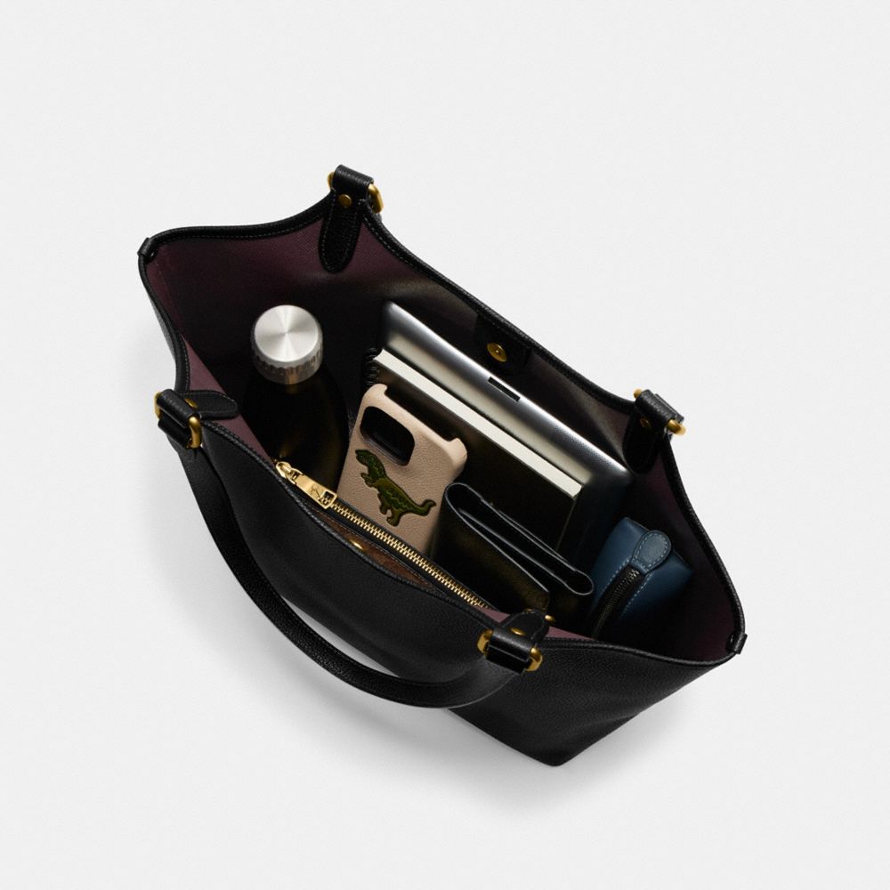 COACH®,Day Tote Bag,Leather,Canvas,Tote,Logo,Metal,Embossed,Piping,Casual,Brown,Cream,Inside View, Top View