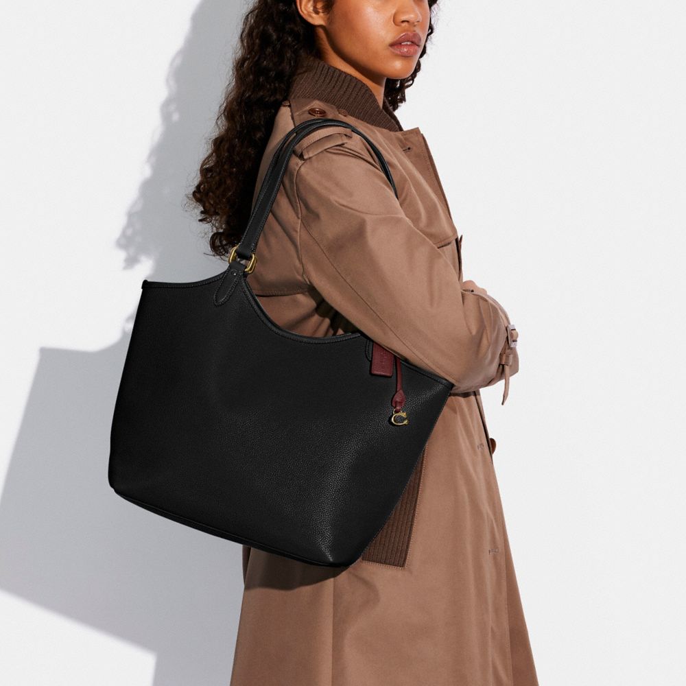 COACH®,Day Tote Bag,Canvas,Leather,Tote,Metal,Embossed,Piping,Logo,Casual,Black,Brown,Detail View