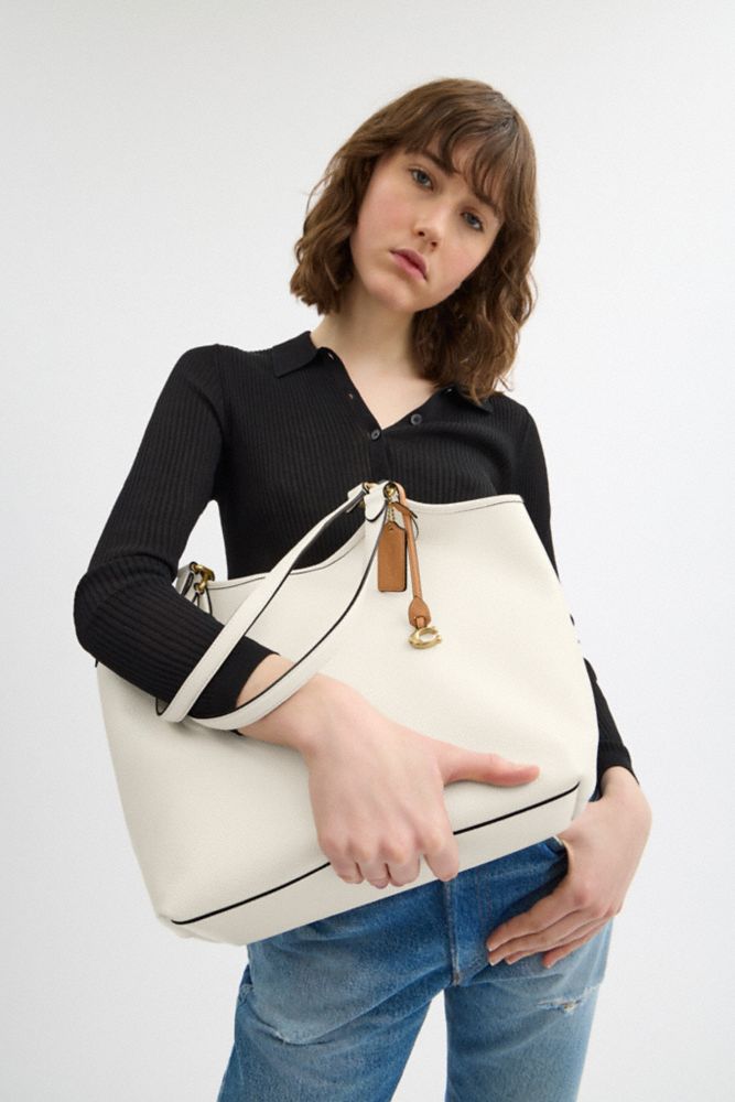 COACH®,Day Tote Bag,Canvas,Leather,Tote,Metal,Embossed,Piping,Logo,Casual,Brown,Cream