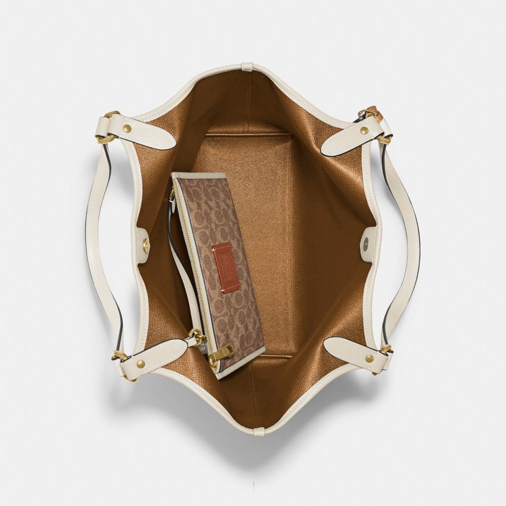 COACH®,Day Tote Bag,Canvas,Leather,Tote,Metal,Embossed,Piping,Logo,Casual,Brown,Cream,Inside View,Top View