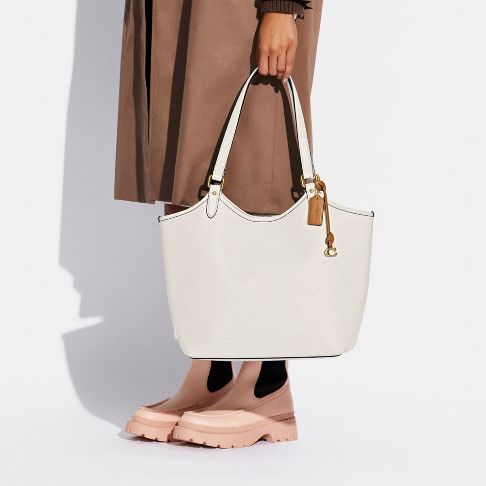 COACH®,Day Tote Bag,Canvas,Leather,Tote,Metal,Embossed,Piping,Logo,Casual,Brown,Cream,Detail View