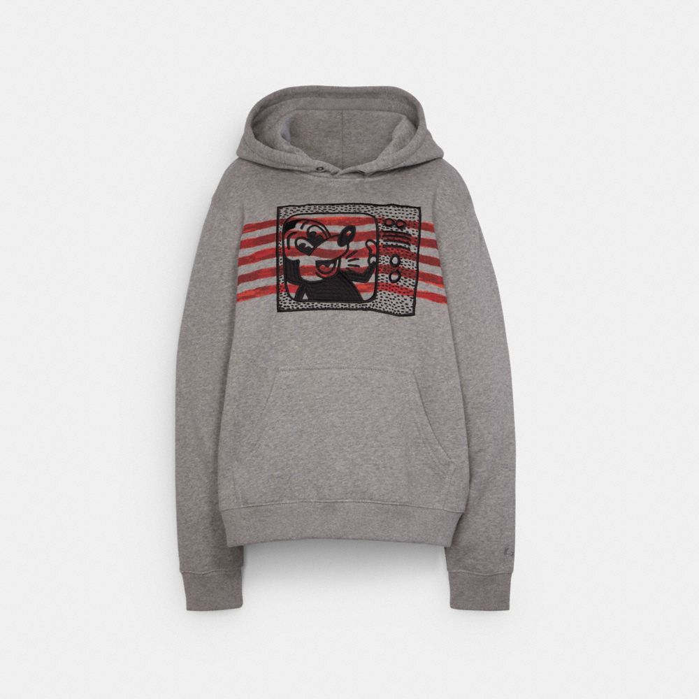 COACH®,DISNEY MICKEY MOUSE X KEITH HARING HOODIE,Light Heather Grey,Front View