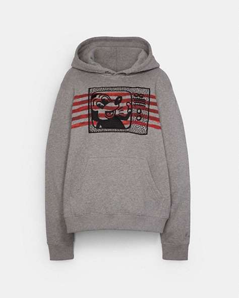COACH®,DISNEY MICKEY MOUSE X KEITH HARING HOODIE,cotton,Light Heather Grey,Front View
