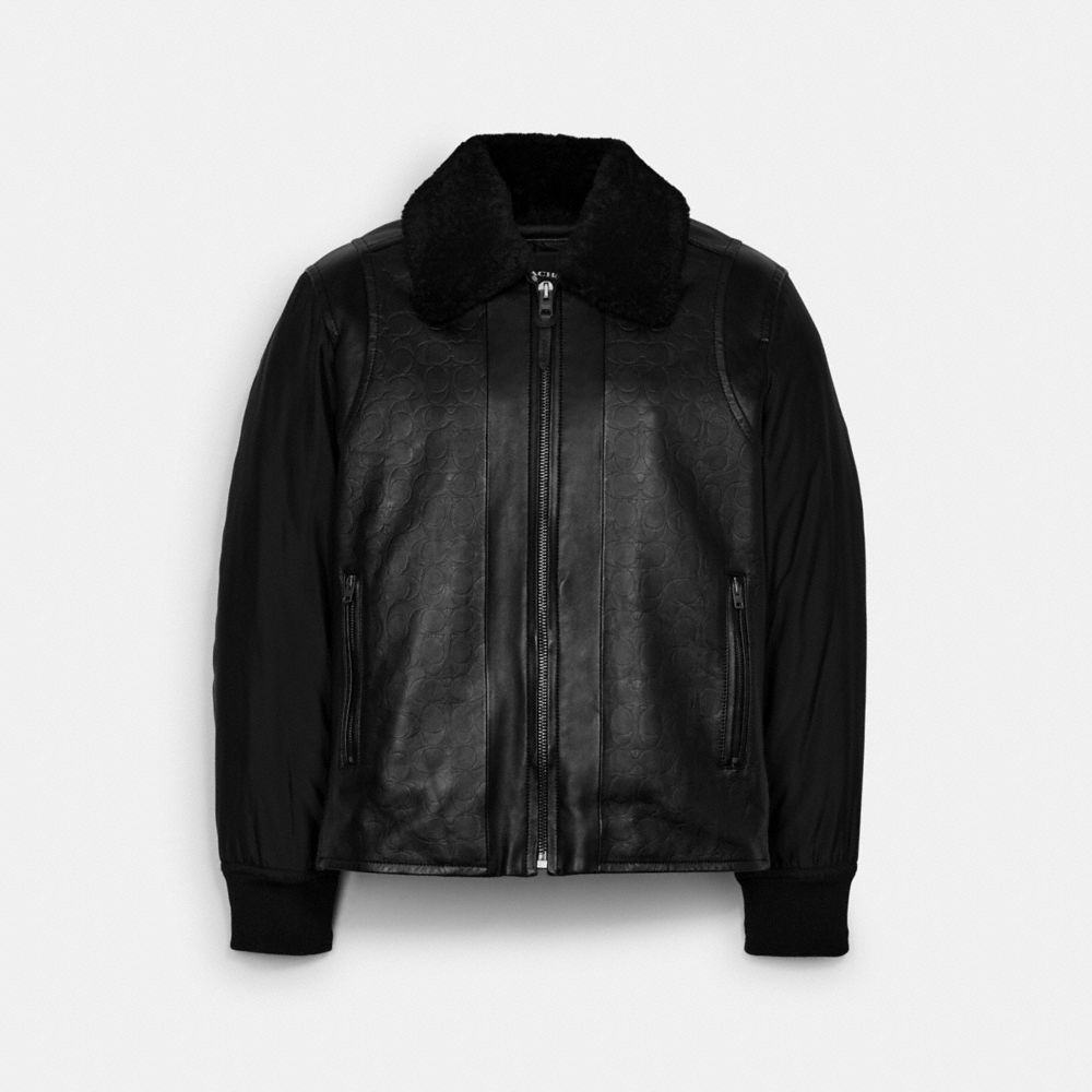 COACH®,SIGNATURE LEATHER JACKET WITH SHEARLING COLLAR,Black,Front View