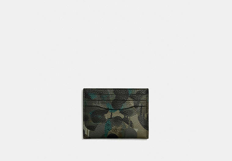 COACH®,CARD CASE WITH CAMO PRINT,Pebble Leather,Camo,GREEN/BLUE,Front View