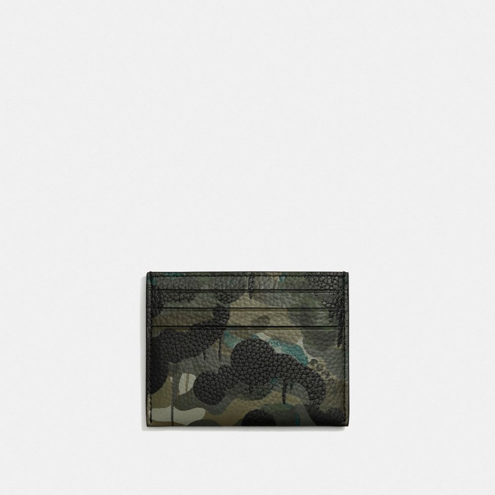 COACH®,CARD CASE WITH CAMO PRINT,Pebble Leather,Camo,GREEN/BLUE,Back View