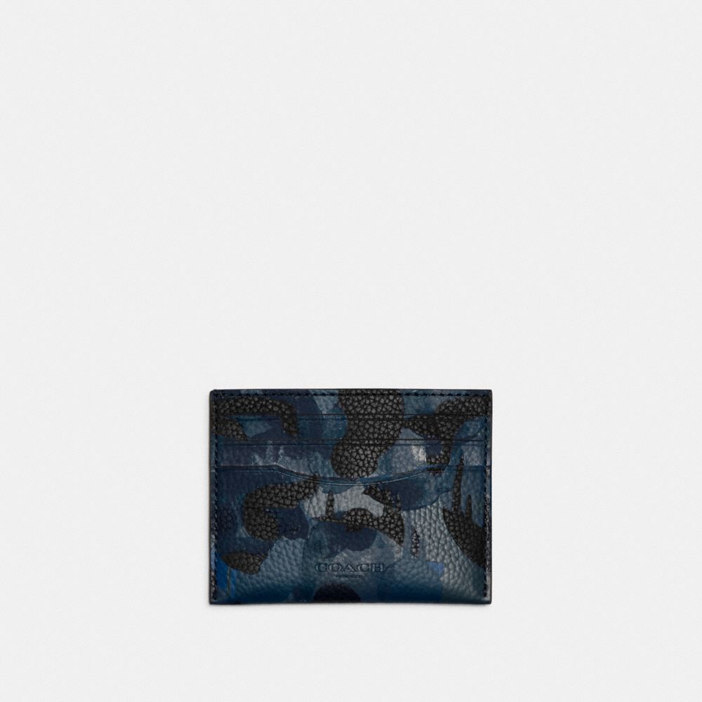 COACH®,CARD CASE WITH CAMO PRINT,Pebble Leather,Camo,Blue/Midnight Navy,Front View image number 0