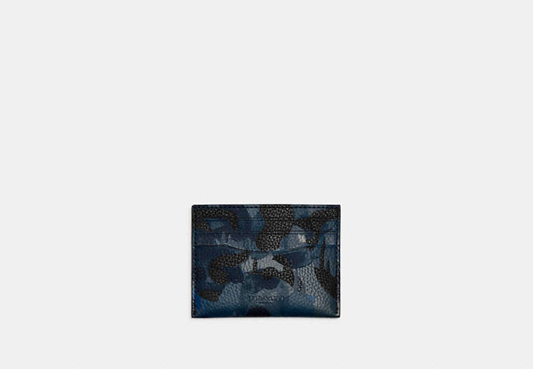 COACH®,CARD CASE WITH CAMO PRINT,Pebble Leather,Camo,Blue/Midnight Navy,Front View