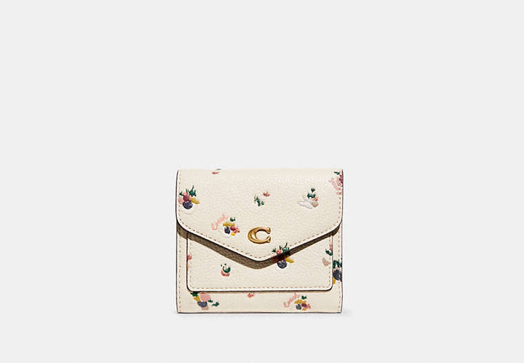 COACH®,WYN SMALL WALLET WITH PAINT DAB FLORAL PRINT,Pebble Leather,Floral,Brass/Chalk Multi,Front View