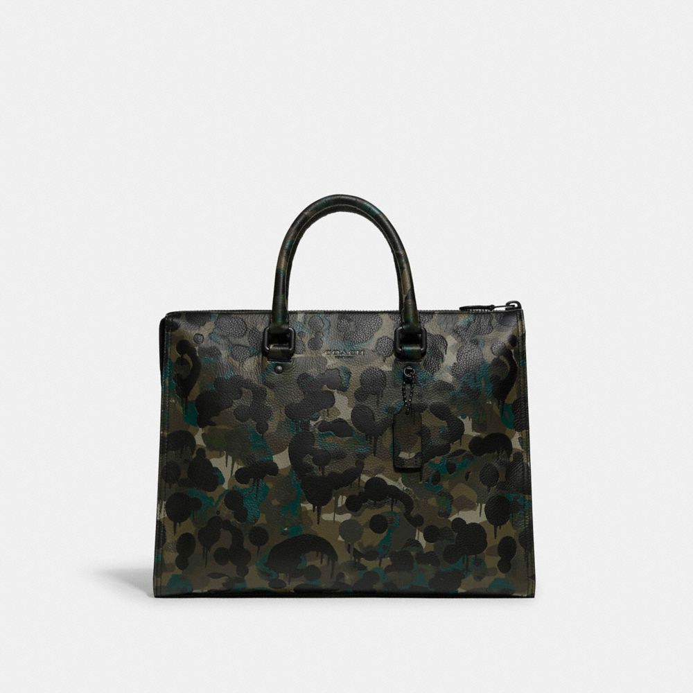 COACH®,GOTHAM FOLIO BAG WITH CAMO PRINT,Pebble Leather,Large,Matte Black/Green/Blue,Front View