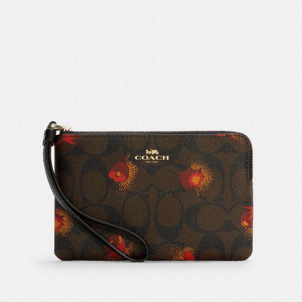 COACH®,CORNER ZIP WRISTLET IN SIGNATURE CANVAS WITH POP FLORAL PRINT,Mini,Gold/Brown Black Multi,Front View