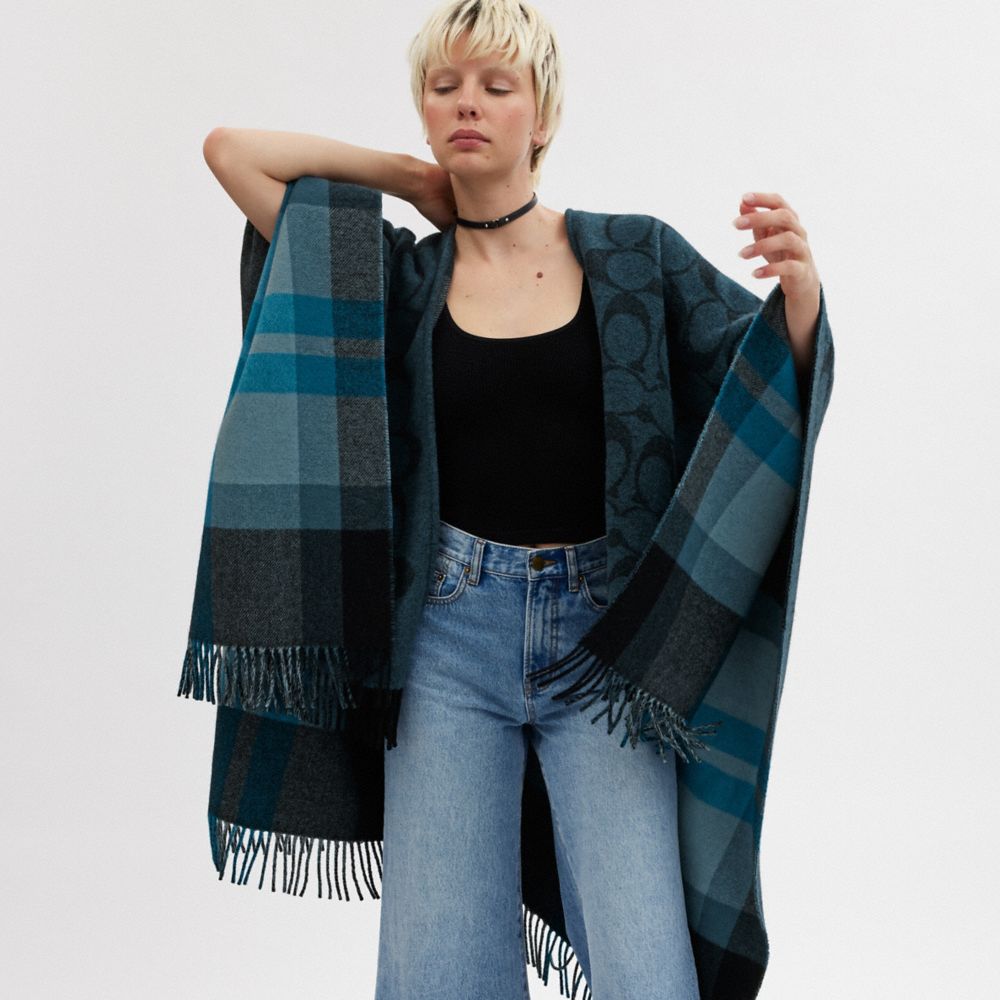 COACH®,Reversible Signature Cape,Wool,Polyamide,Cape,Logo,Fringe,Reversible,Casual,Blue,Detail View