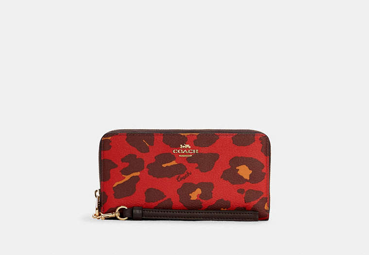 COACH®,LONG ZIP AROUND WALLET WITH LEOPARD PRINT,Gold/Bright Poppy,Front View