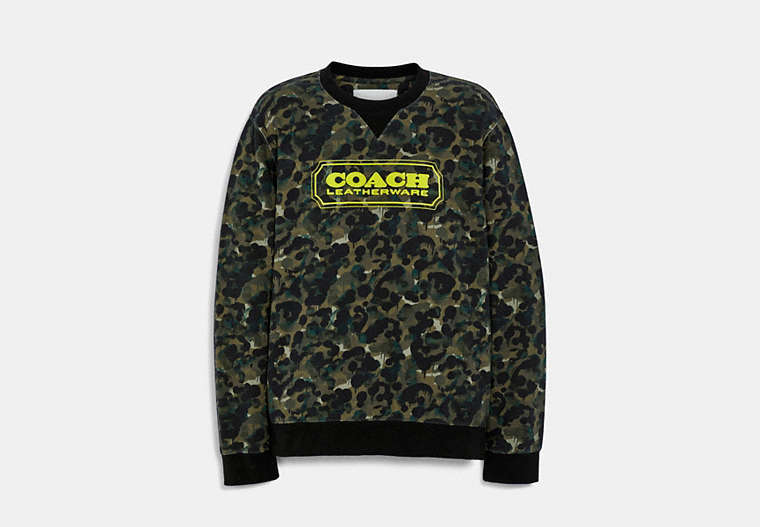 COACH®,CAMO PRINT CREWNECK IN ORGANIC COTTON,cotton,GREEN MULTI,Front View image number 0
