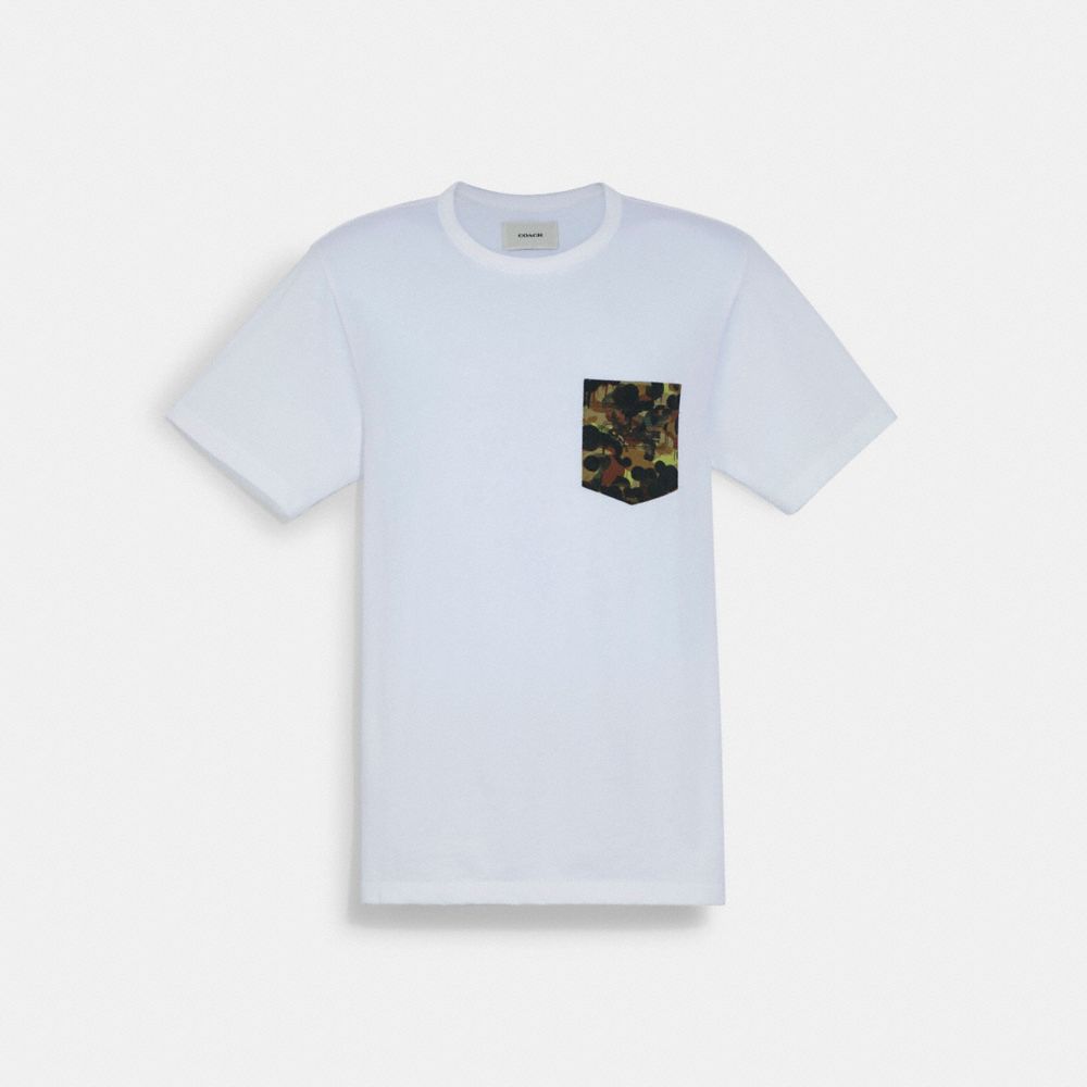 COACH®,SOLID CAMO PRINT POCKET T-SHIRT IN ORGANIC COTTON,cotton,White,Front View