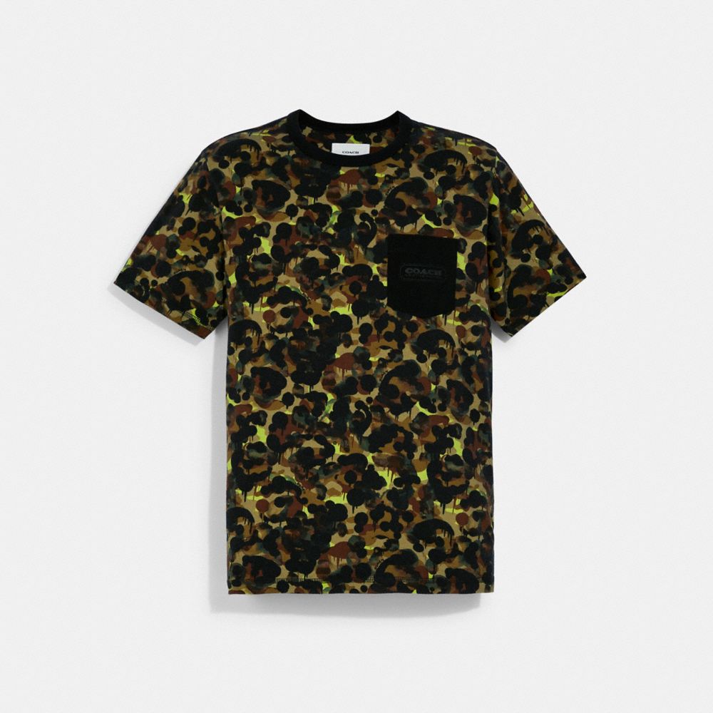 COACH®,CAMO PRINT POCKET T-SHIRT IN ORGANIC COTTON,cotton,Green Neon Yellow Multi,Front View image number 0