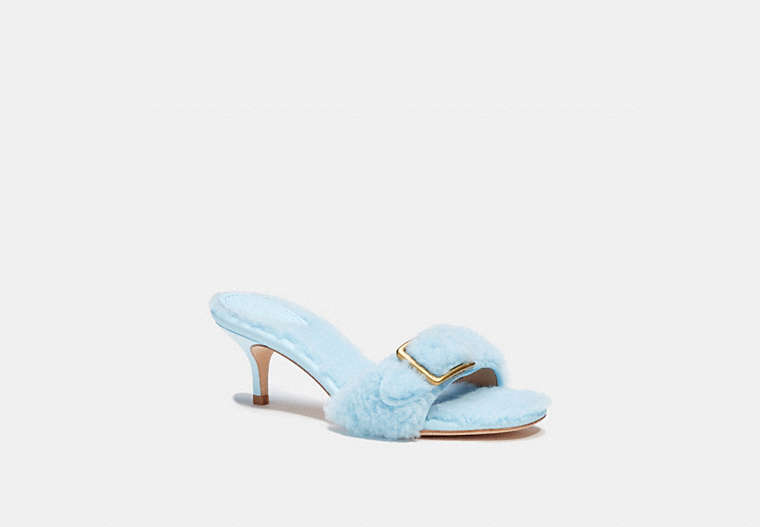 COACH®,SHEARLING BUCKLE MULE,Shearling/Smooth Leather,Baby Blue,Front View