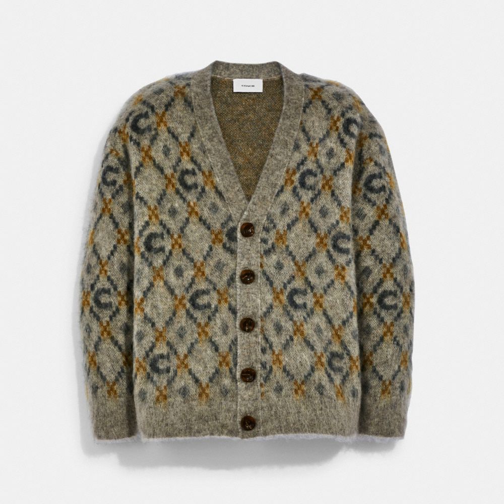 COACH®,BRUSHED SIGNATURE CARDIGAN,Wool/Mohair,Warm Grey,Front View