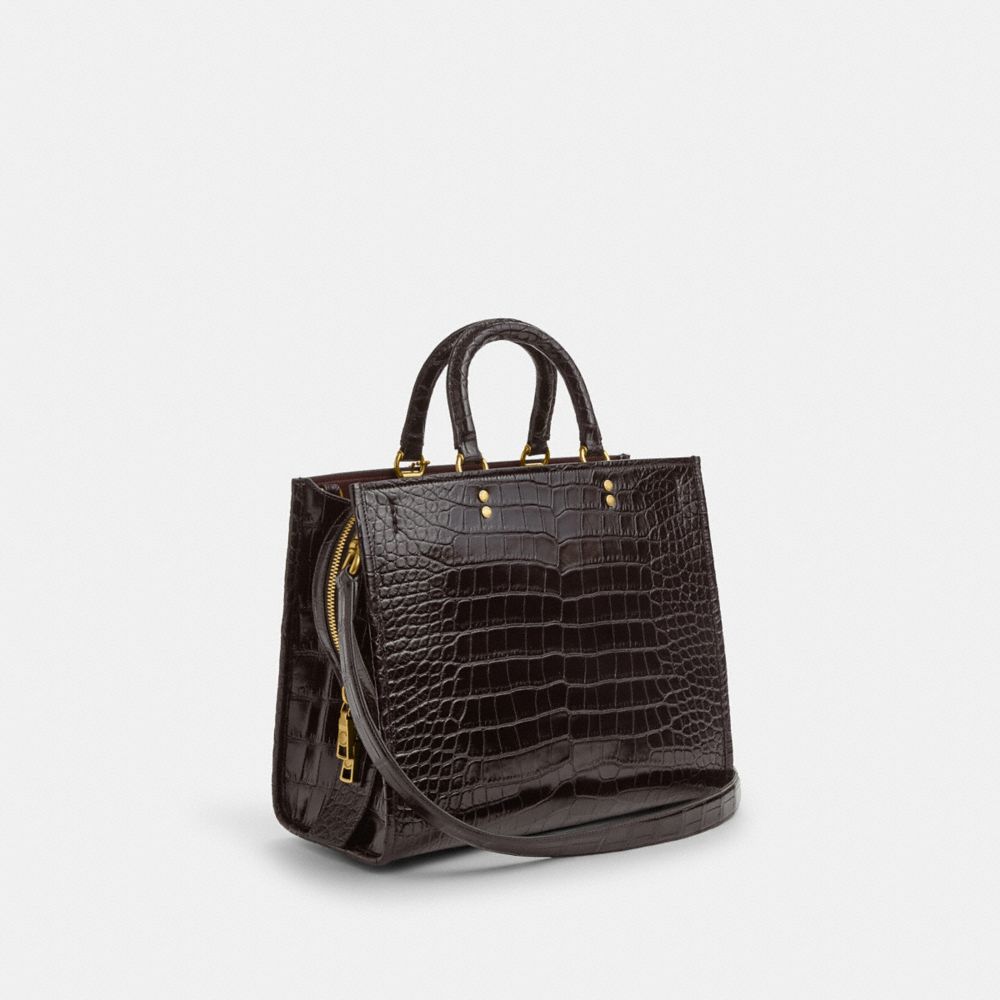 COACH®,Rogue Bag In Alligator,Leather,Satchel,Metal,Logo,Work,Brown,Angle View