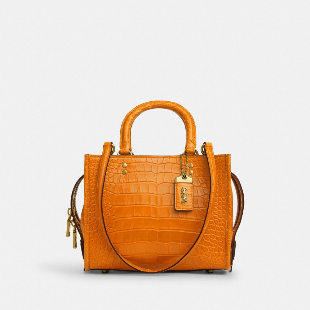 COACH®,Rogue Bag 25 In Alligator,Leather,Satchel,Metal,Logo,Day Party,Orange,Front View