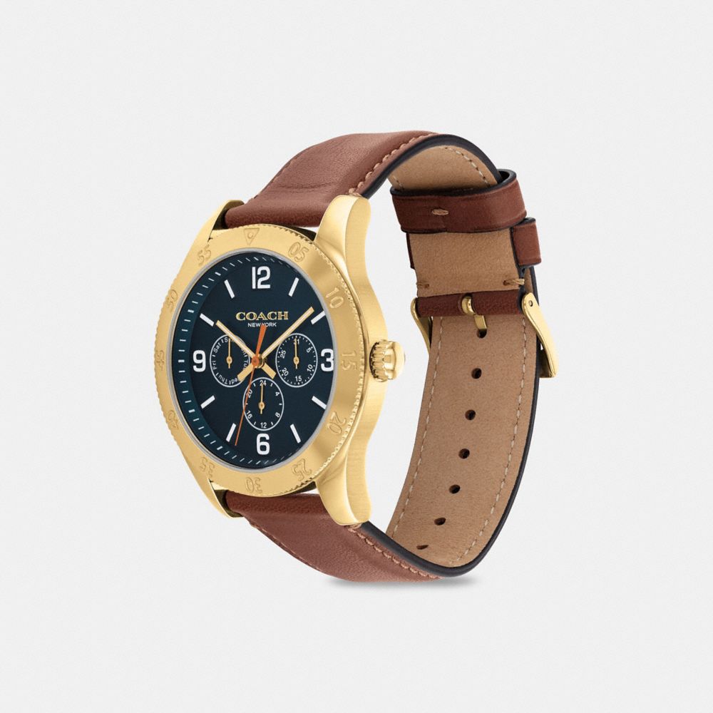 COACH®,CASEY WATCH, 42MM,Saddle,Angle View